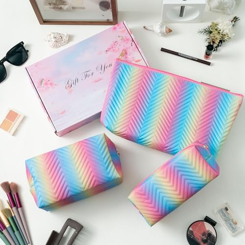 Y1tvei Rainbow Gradient Makeup Bag - 3Pcs Rainbow Colored Gradient Makeup Bag Colorful Leather Waterproof Fantasy Cosmetic Pouch Carry Makeup Brush Bag Zipper Travel Toiletry Organizer Gifts for Women