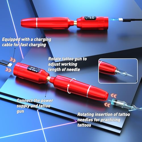 Eyebrow Microblading Tattoo Gun Kit - Professional Tattoo Pen & Brow Pencil Set for Microblading Supply, Semi-Permanent Makeup Tattoo Machine with 50Pcs Needles for Artists Starter (Red, TP39)