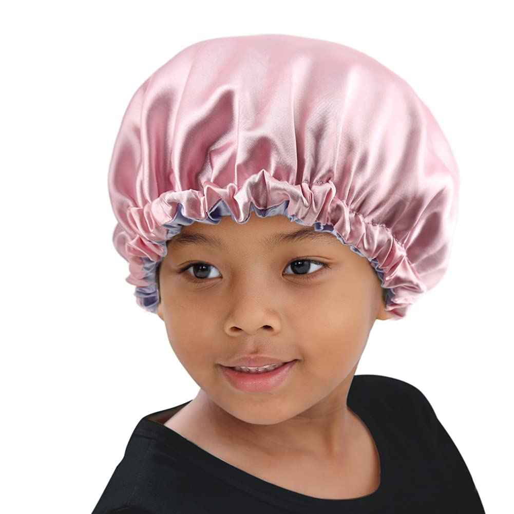 ELIHAIR 2pc Kids Satin Bonnet Sleeping Cap for Natural Hair Teens Toddler Child Baby Adjustable Satin Cap for Night Sleeping Reversible Double Layer(Black+ Pink/Purple)