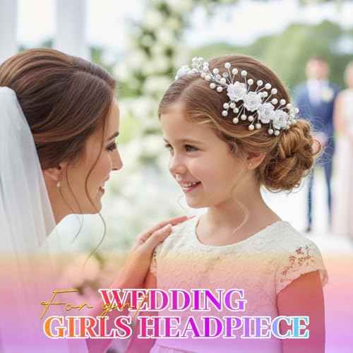 Campsis Flower Girls Hair Accessory, White Floral Headband, Pearl Headpiece for Bridal