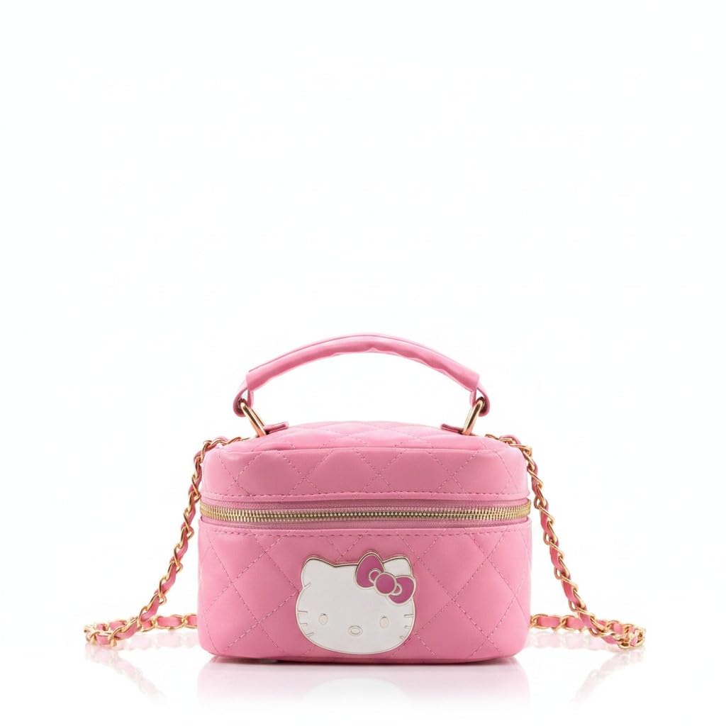 Sanrio Hello Kitty Crossbody Bag for Women | Pink Quilted PU Leather Mini Purse with Gold Chain Strap | Cute Hello Kitty Handbag, Top Handle Bowler Bag, Y2K Kawaii Aesthetic for Teens, Girls