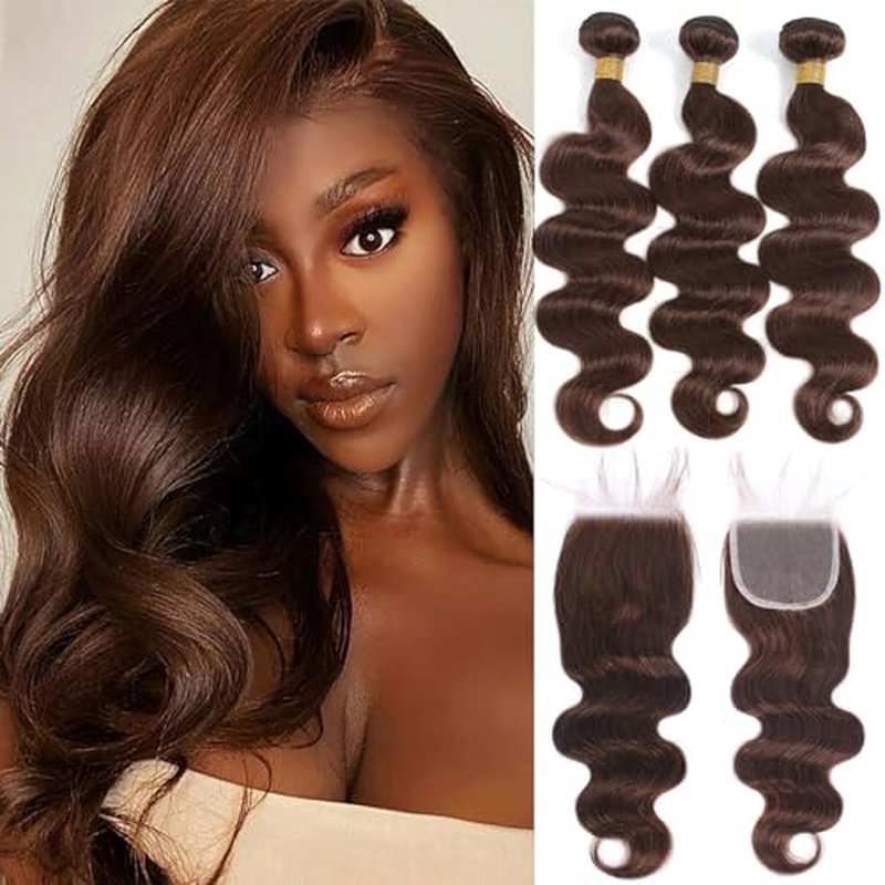 Kapelli Hair Brazilian Body Wave Bundles with Closure (14 16 18+12) 10A Light Brown Body Wave Human Hair Bundles with Lace Closure Brazilian Virgin Hair 3 Bundles with Lace Closure with Baby Hair