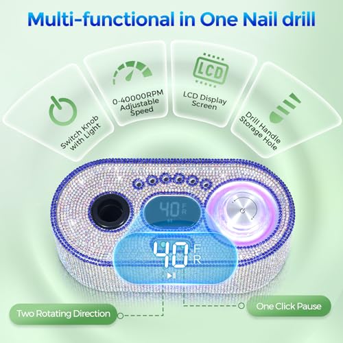 Nail Drill Electric File: DEDNMSCA Sparkly Professional Nail Drill Kit, 40000RPM E-File Machine with 12 Drill Bits for Acrylic Nails Remove Nail Gel Polish Manicure for Salon Home, Diamond