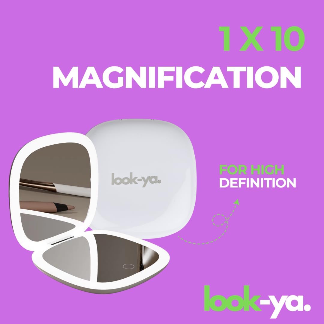 look-ya Compact LED Magnifying Travel Makeup-Mirror - 4 inches 1X/10X Magnification Small Hand Pocket Dimmable Double Sided USB Rechargeable Touch Screen, Portable Tabletop Cosmetic