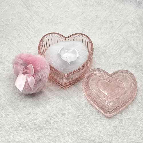 Body Powder Puff and Container - Glass Heart Dusting Powder Container with 2 Soft Puffs Vintage Powder Puff Case for Women & Girls-GRB007-Pink
