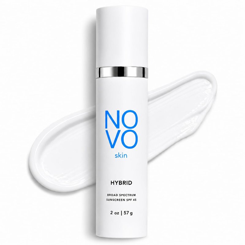 NOVO Skin Non-Tinted Hybrid Sunscreen SPF 45 – Hydrating Lightweight Daily Face Moisturizer with Zinc Oxide & Octinoxate – Niacinamide & Hyaluronic Acid – Broad Spectrum No White Cast SPF, 2.0 fl oz