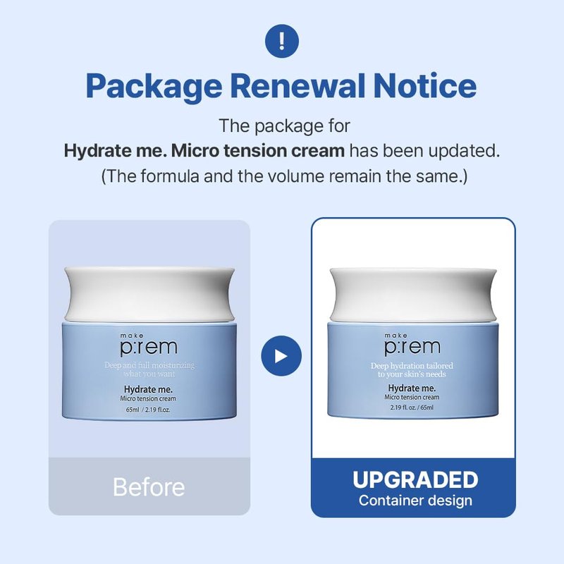 MAKE P:REM Hydrate Me. Micro Tension Cream, Moisturizing Watery Gel Type, Non-Sticky Finish Hydrating Facial Cream for Dry, Sensitive, Oily, Acne-prone Skin, Korean Skin Care, 2.19 fl. oz. (65ml)