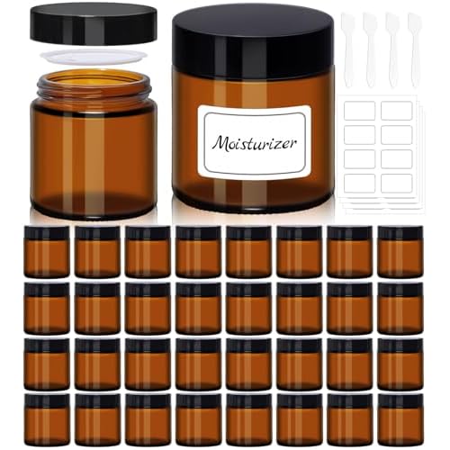 4 oz Amber Glass Jars with Lids - 32 Pack Brown Cosmetic Containers with Stickers & 4 Spoons, Wide-Round Smooth Mouth, Sealable for Creams, Essential Oils, Body Butter, Travel Samples