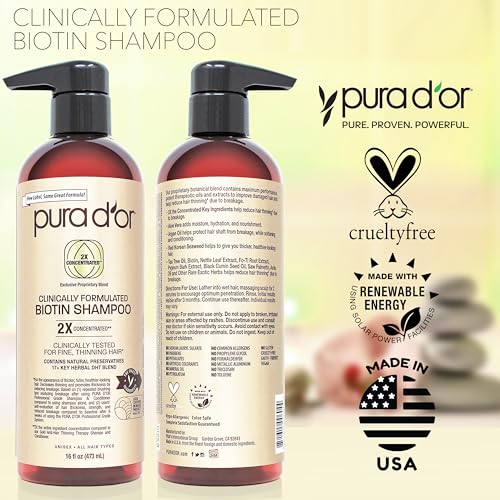 PURA D'OR Professional Grade Biotin Shampoo, Clinically Proven Anti-Thinning Hair Care, 2X Concentrated DHT Blocker Hair Thickening Products For Women & Men, 16oz
