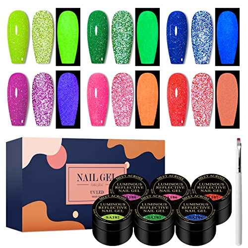 MEET ACROSS Luminous Reflective Gel Polish, Glow in Dark Gel Nail Polish, Reflective Glitter Nail Polish with Nail Brush, Neon Color Shiny Disco Luminous Polish for DIY Manicure Nail Art Salon