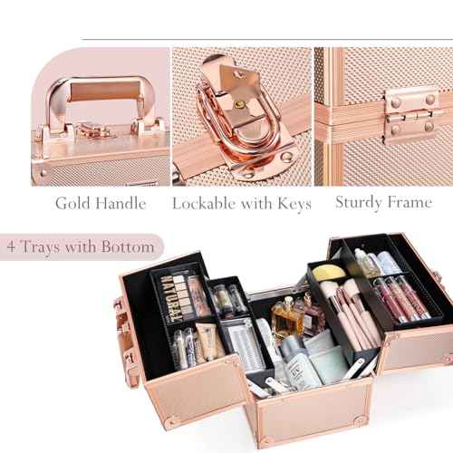 FRENESSA Makeup Train Case Makeup Case Travel Cosmetic Box Organizer Portable Make Up Box with Dividers Lockable for Artist Nail Sewing Vanity Storage Makeup Travel Case Rose Gold