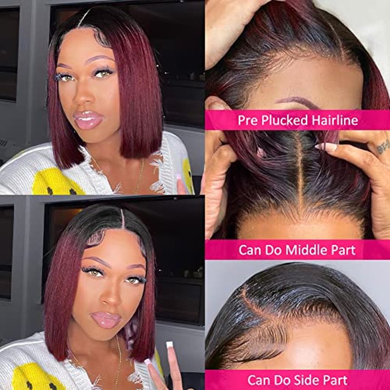 Flady 1B 99j Bob Wig Human Hair 13x4 HD Frontal Lace Wig 150% Density 1B Burgundy Lace Front Wigs Human Hair Pre Plucked Red Frontal Bob wig Short Straight Bob Wigs for Black Women 14 inch
