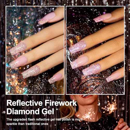 RARJSM Reflective Glitter Gel Nail Polish Set 6 Colors Sparkle Sliver Champagne Gold Pink Orange Black Red Rainbow Sequins Gel Nail Polish Soak Off U V Diamond Gelpolish DIY Salon Manicure at Home