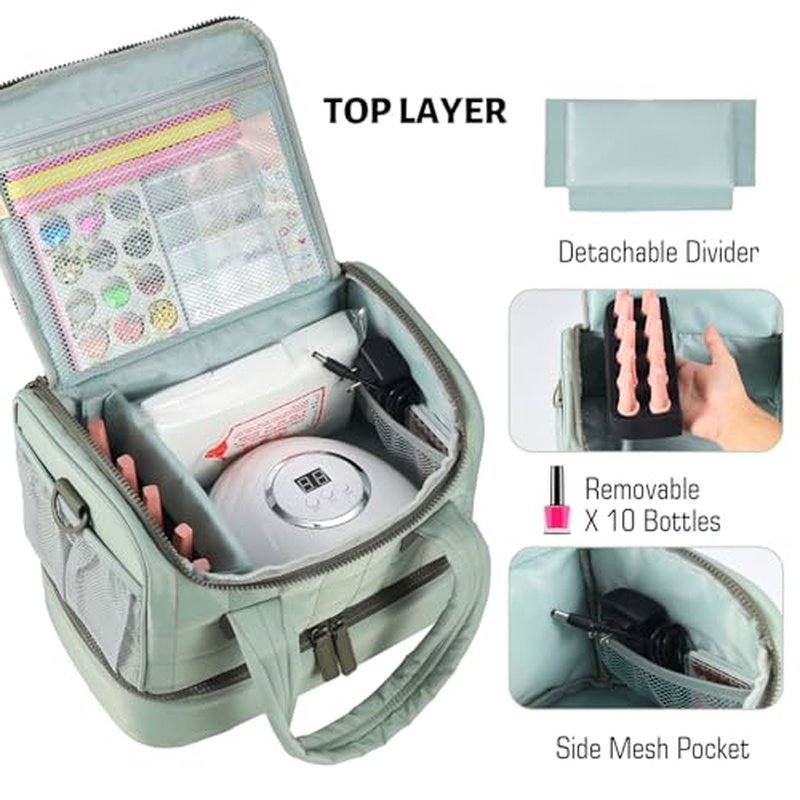 Nail Polish Organizer Case Fits Nail Lamp and 50 Bottles,Quilted Nail Organizers and Storage for Nail Tech,Water Proof Nail Polish Storage Bag Fits Nail Kit Manicure Tools (Patented)-Green