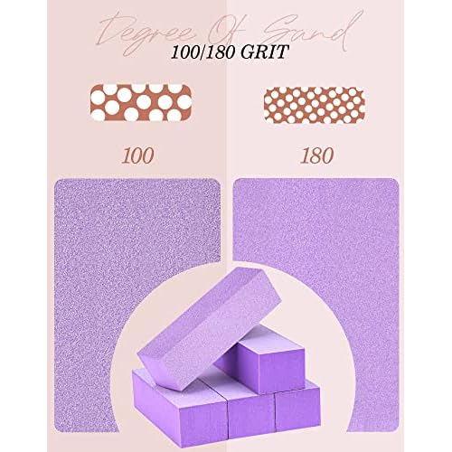 Maryton Nail Buffer Block, Medium/Fine Grit 100/180 Finishing Buffers for Acrylic Nails Gel Polish Nails, 3 Way Professional Pedicure Manicure Buffer Kits, 5 Count (Purple)