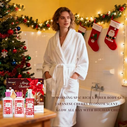 Christmas Bath and Body Gift Set - Luxurious Japanese Cherry Blossom Spa Kit with Gel, Lotion, Mist, a Warm Christmas Gift for Mom, Aunt, Girlfriend & Friends Who Loves Self-Care
