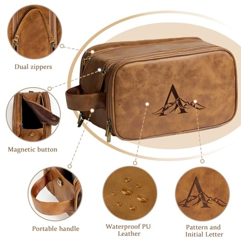 Janhavi Shaving Bag for Men Travel Waterproof, Engraved Initials & Mountain, Makeup Organizer, Groomsmen Gifts, Mens Toiletry Travel Bag, Men's Accessories Organizer, Gifts for Him(Brown L)