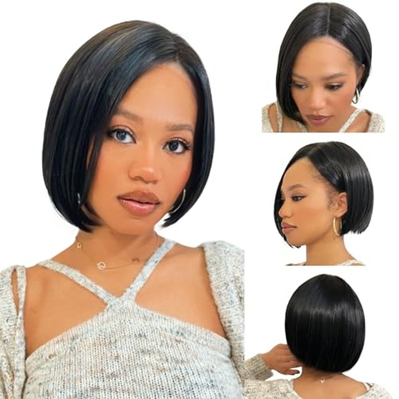 Exotic Bob Wig for Black Women - Snug Fit Cap, Handcrafted Airy Bangs, Seamless Lace Front, Asymmetrical, Rounded Nape, Glueless, Hypoallergenic, Heat Resistant (Natural Black)