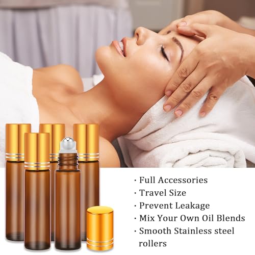 4 Pack, 10 ml Roller Bottles for Essential Oils, Leak-Proof Glass Roller Ball Applicator, Refillable Roll on Bottles with Opener & Labels for Perfume & DIY Skincare