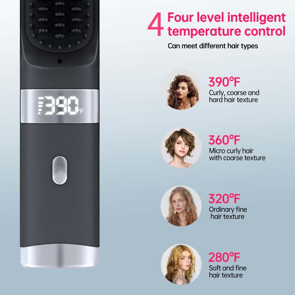 Cordless Hair Straightener Brush Portable on The go Comb for Travel USB chargingTwo Power sources30s Fast HeatingLCD Large Screen Display (Black) 040404