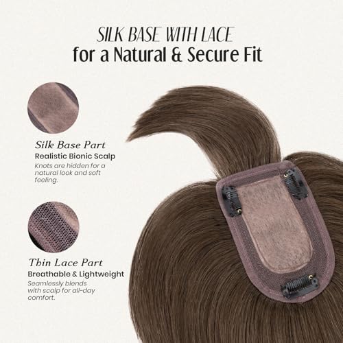 MY-LADY Human Hair Toppers for Women Real Human Hair with Bangs Thin 7 * 13CM Silk Base with Lace Clip in Remy Hairpieces 150% Density 14 Inch Chocolate Brown