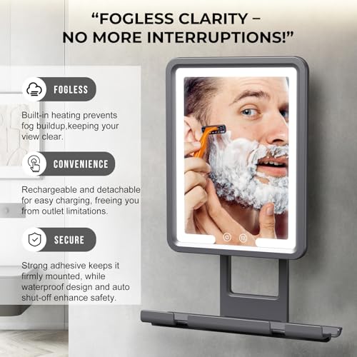 Rocollos Heated Fogless Shower Mirror, 360 Rotation, 3 Color Lighted, Rechargeable, Anti-Fog, Black, 13"L x 9"W