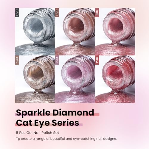 RARJSM Cat Eye Gel Nail Polish Set 6 Pcs Magnetic Sparkle Diamond Glitter Nude Pink Light Purple Red Silver Sheer Pink Velvet Ice Jelly Gel Polish with Magnet Stick UV LED Curing Requires Soak Off