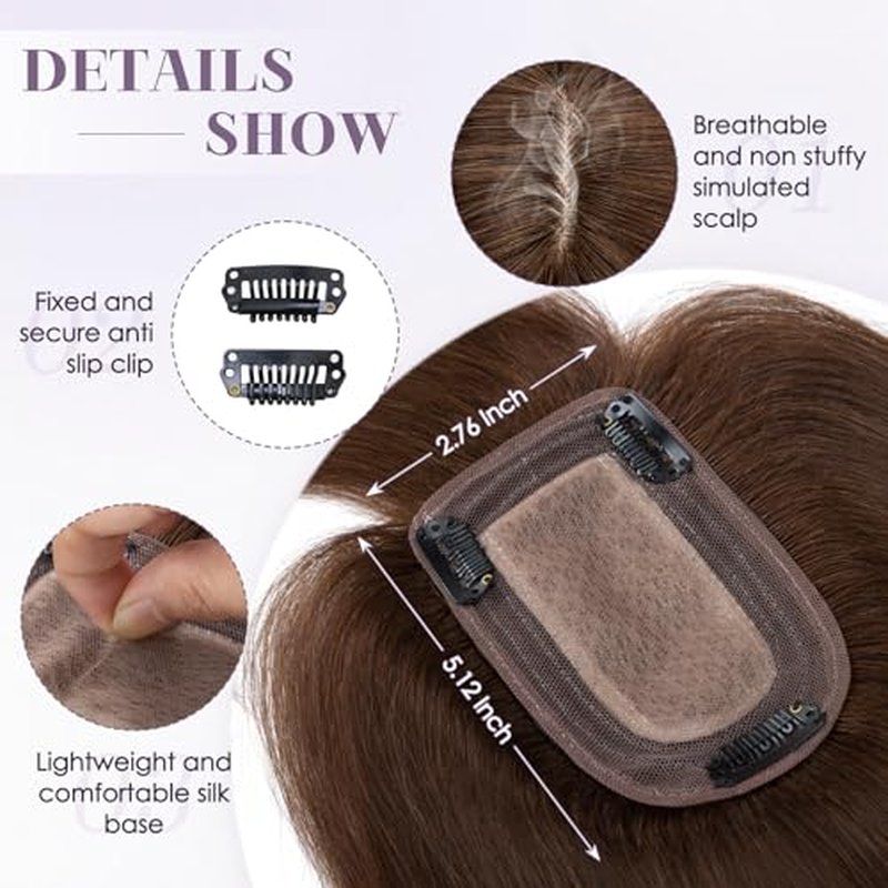 Hair Toppers for Women Real Human Hair 14 Inch Long Straight Toppers for Women with Thinning 7 * 13CM Silk Base Clip in Hairpieces with Bangs (Medium Brown)
