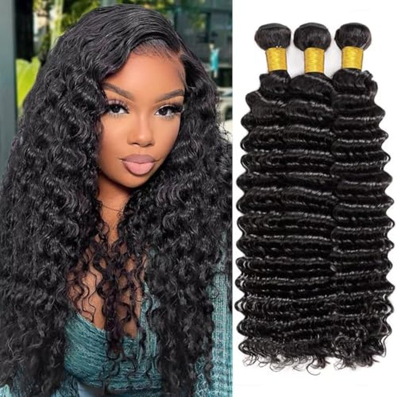 12A Deep Wave Human Hair Bundles 14 16 18 Inch Raw Curly Bundles Human Hair 100% Unprocessed 3 Bundles Brazilian Virgin Human Hair Extensions Quick Weave Natural Black Color