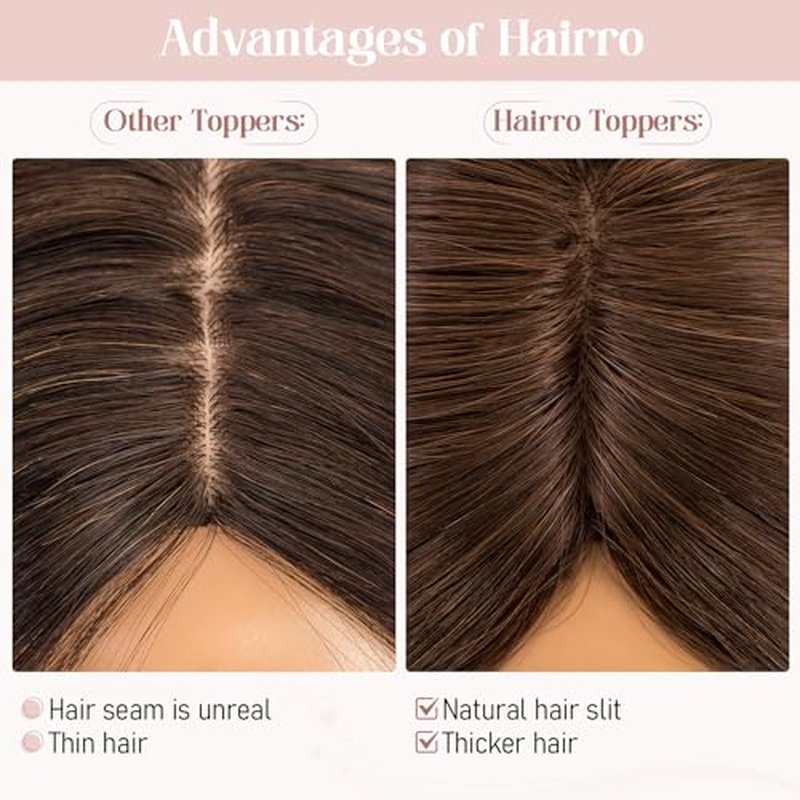 Hairro Real Human Hair Toppers, Clips in 100% Human Hairpieces for Women, 3.15"x3.94" Silk Base for Covering Thinning/Greyish Hair on Top, 12 Inch Brunette Coffee Brown