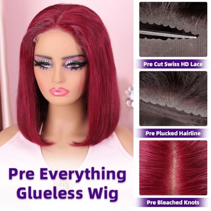 Burgundy 5x5 HD Lace Bob Wig Human Hair 200 Density Pre Plucked Pre Bleached Pre Cut Glueless Wear and Go Wigs for Black Women with Lace Closure Brazilian Straight Human Hair 18 Inch Bob Wigs