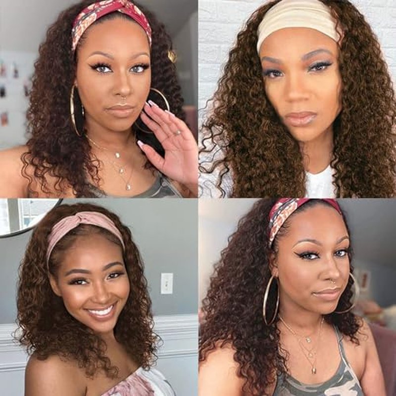 Aiterina Headband Wig Human Hair Headband Wig Deep Wave Human Hair Wigs for Black Women Glueless Human Hair Wigs Machine Made 150% Density No Lace Deep Headband Wig Chocolate Brown 24 inch