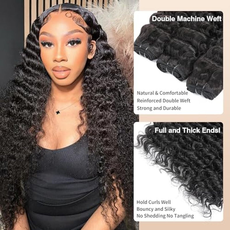 15A Raw Indian Deep Wave Human Hair Bundles 14 16 18 Inch Deep Culry Quick Weave Wet and Wavy Bundles Human Hair Double Drown Weft Hair Extensions Natural Black Color Remy Virgin Hair Bundles