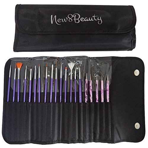 Nail Art Brushes, Dotting Pens Marbling Detailing Painting Striping Tools 20pc Kit Set with Roll-Up Pouch - Best for nail art and facial detailed painting - FREE eBook with Design Idea