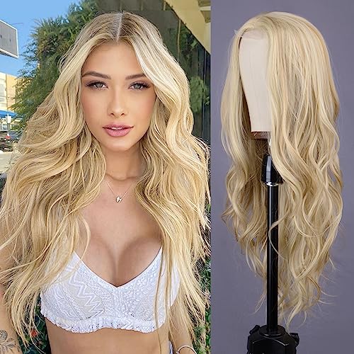 Mixed Blonde Long Wave Wig for Women -26inch Middle Part Long Curly Wig Heat Resistant Synthetic Hair Looking Natural, Fiber Wig for Daily Party Use