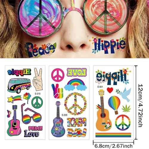 100PCS Groovy 70s Temporary Tattoos-10 Sheets Hippie Tattoo Stickers for Fan Birthday Party Decorations Hand Tattoo Party Favor Party Supplies Gifts for Kids Boy Girl Adult Pretty Christmas Gift