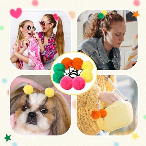 Juexica 8 Pcs Pom Pom Hair Ties Fluffy Elastic Hair Ties Accessories Ball Scrunchie Ball Christmas Pigtail, 4 Colors(Goose Yellow, Rose Red, Orange, Grass Green)