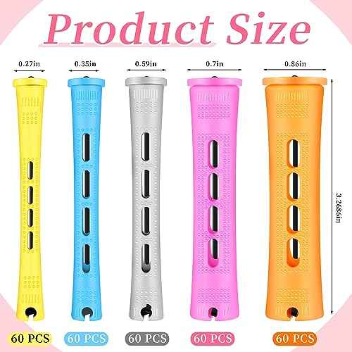 Tigeen 300 Pcs Perm Rods for Natural Hair Plastic Hair Rollers, No-Heat Small Curling Rods Cold Wave Rod for Women DIY Styling Hairdressing Tools (0.27,0.35,0.59,0.7,0.86 inch,Mix Color)