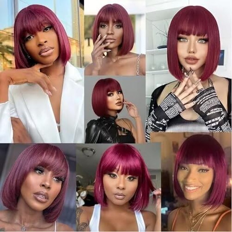 Bob Wig with Bangs - Glueless Human Hair Straight Layered Bob | 10-Inch 99J Color