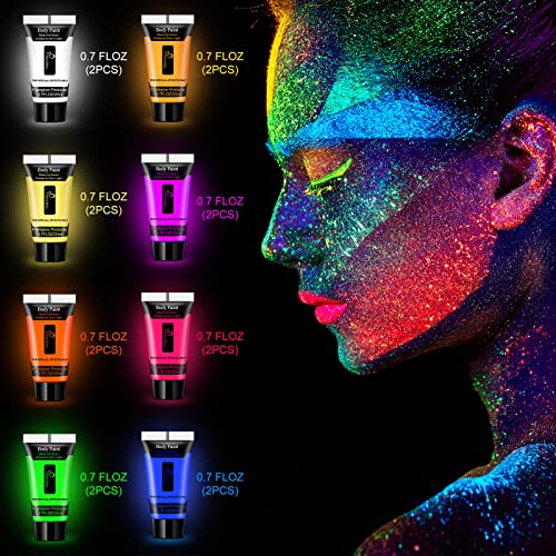 NewWay Luminous Neon Face & Body Paint Glow in the Dark Party Supplies MakeUp Cream Paint Light For Halloween Christmas 8 Color 0.7 fl oz x 16 Tubes