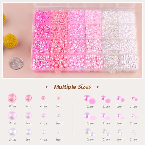 9000PCS Flatback Pearls and Pink Rhinestones for Bedazzling Kit, Pink White 3-10mm Resin Rhinestones Gems and Half Pearls for Crafting, Nail Art and Grad Cap Decor with B7000 Jewelry Glue