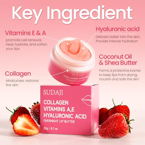 20g Collagen Lip Mask with Vitamins E, A, Hyaluronic Acid, Overnight Lip Butter Balm with Skin Softening Coconut Oil and Hydrating Shea Butter