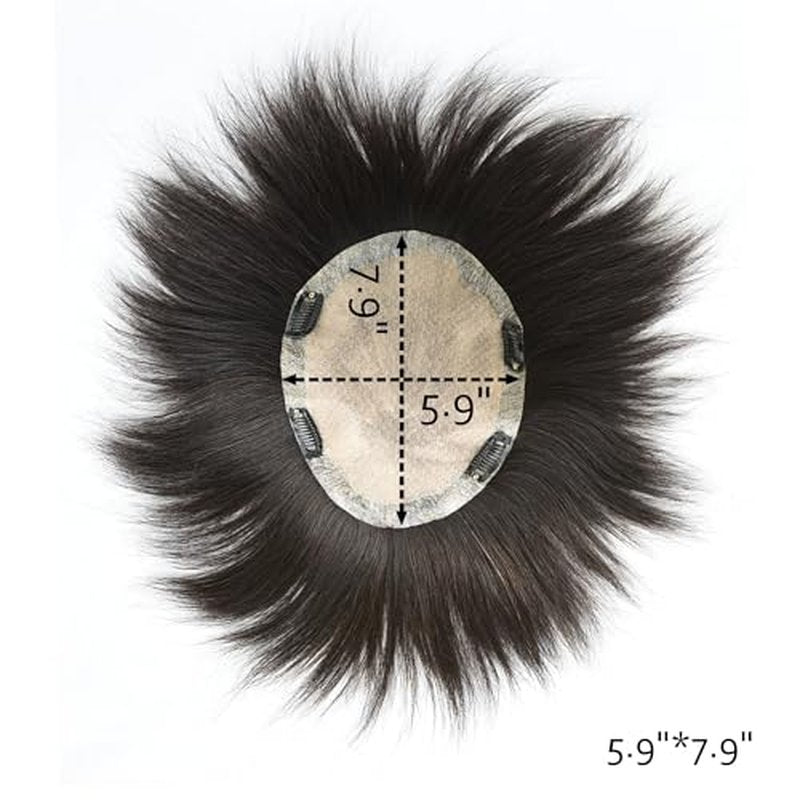 Untrimmed Hand Tied Lace/Slik Base Toupee with Biological Scalp Toupee Human Hair Extension Clip in Hairpieces Topper Top HairPiece for Men (5.9"*7.9", Slik Base Toupee, Natural Black)