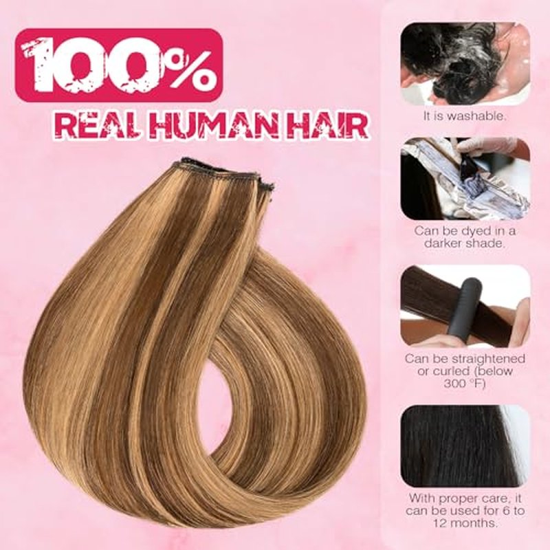 Halo Hair Extensions Real Human Hair, MY-LADY Adjustable Halo Extensions Real Human Hair, 20 inch Medium brown mix Dark Blonde Women's Long Straight Hair Invisible Wire Hair Extensions