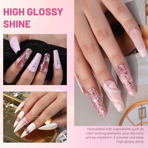 Aokitec Starry Pink Glitter Colors Dip Powder, 1OZ Glitter Pink Dip Powder for French Manicure Nail Starter & Professional Home DIY Salon Use Shinny Dip Nails Long-lasting 28 Days