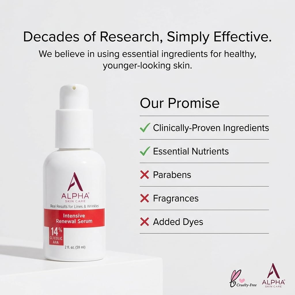 Alpha Skin Care Renewal Serum, 14% Glycolic AHA, Anti-Aging Formula, Reduces Lines & Wrinkles, Alpha Hydroxy Acid Exfoliates & Evens Skin Tones, Rejuvenates & Hydrates, 2 Oz