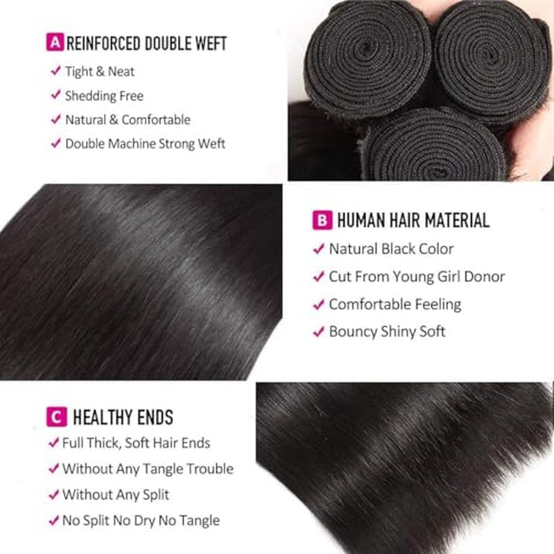 Straight Human Hair Bundles 26 26 26 Inch Brazilian Straight Hair Bundles 100% Unprocessed Virgin Hair Weave Bundles Human Hair Extension for Women Natural Color