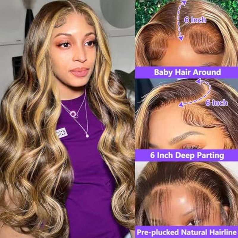 Honey Blonde Ombre Lace Front Wig Human Hair Highlight 13X6 Body Wave Lace Front Wigs Human Hair Pre Plucked 180 Density 4/27 Glueless HD Lace Frontal Wig for Women 24 Inch