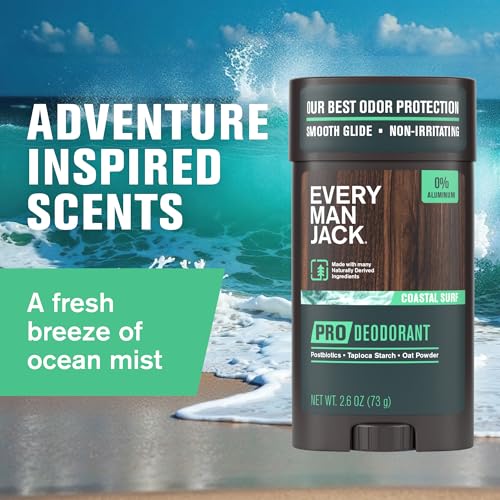Every Man Jack Men's Pro Deodorant - 48-Hour Odor Defense Blend - Aluminum Free - Contains Postbiotics, Tapioca Stach & Oat Powder - Coastal Surf Scent - 2.6 oz - 1 Pack