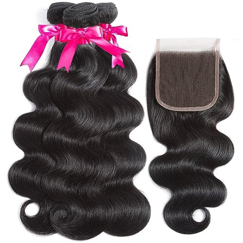 Body Wave Bundles with Closure for Black Women 100% Unprocessed Brazilian Body Wave Human Hair 3 Bundles with 4X4 Lace Closure Free Part Natural Color